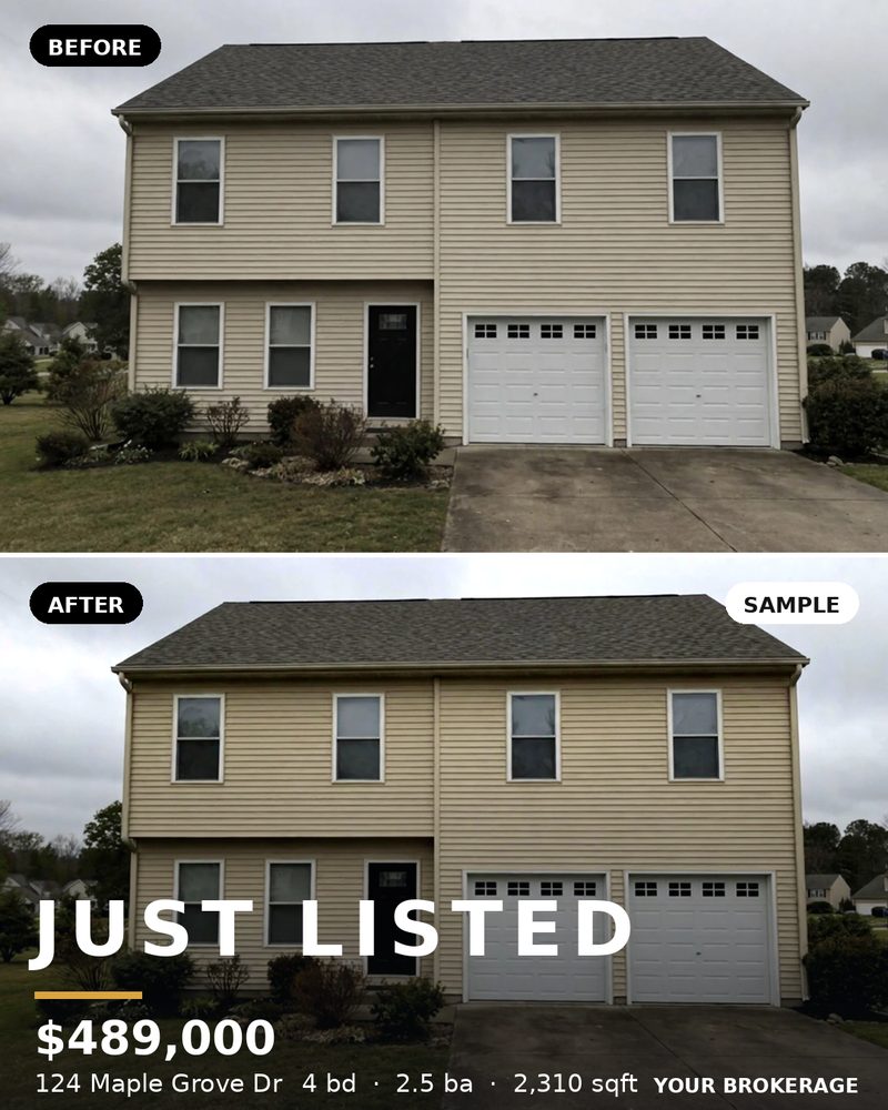 Sample: dull listing photo transformed into a Just Listed graphic