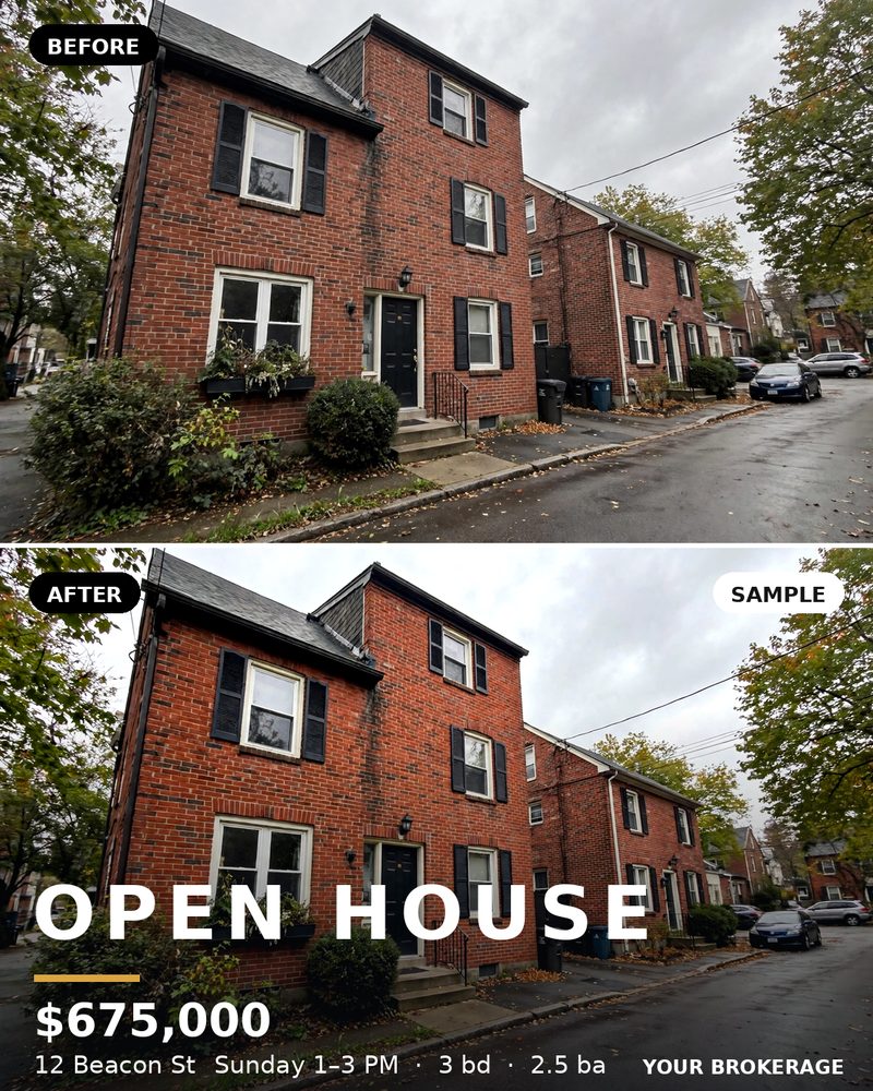 Sample: dull listing photo transformed into an Open House graphic